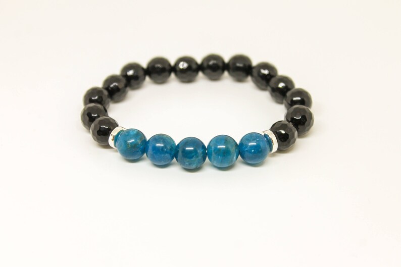 8mm Apatite and Black Onyx Mens Bracelet, Womens Bracelet, Gemstone Bracelet, Unisex Bracelet, Natural Bracelet Stretch Bracelet image 5