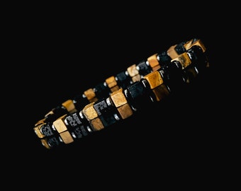 4mm Square beads Lava stone and Picture Jasper, Mens Bracelet, Jasper Mens Bracelet, Volcano bracelet, Gift for Men, Mens Bracelet Gift