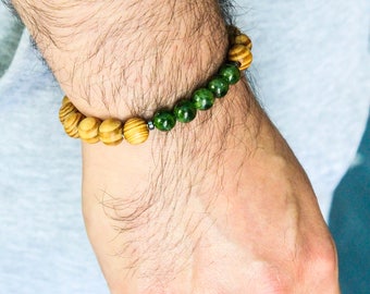 Genuine Chrome Diopside Bracelet A grade and Wooden beads - 8mm, Mens Bracelet, Diopside Beaded Bracelet, Unisex Bracelet