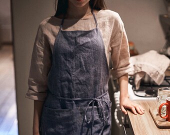 Linen Kitchen Apron With Pockets Handmade Denim Color Clothing Tie Back