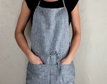 Linen Kitchen Apron With Pockets Handmade Gray Color Clothing Tie Back