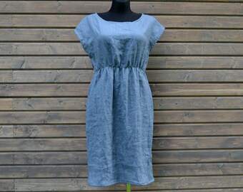 Linen Dress Light Blue Women's Handmade Clothing Loose Short SleevesNatural