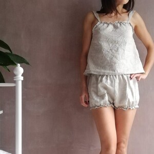 Linen slip Set Shorts & Top Two Piece Sleepwear Gray Pajama Sleeveless Tie Starps image 1