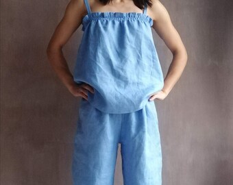 Leinen Pyjama Zweiteiler Handmade Set Ärmellose Top Hose Nachtwäsche Hellblau