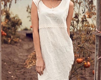 Linen Maxi Slip Dress Long Sleeveless Lace Detail Handmade Women's Clothing Nightdress