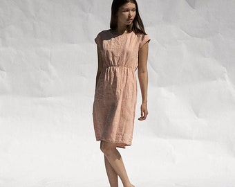 Linen Dress Women's Handmade Clothing Loose Short Sleeves Light Pink Natural