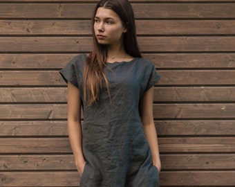 Linen Tunic Dress Women's Handmade Clothing With Pockets Loose Short Sleeves Light Grey Natural