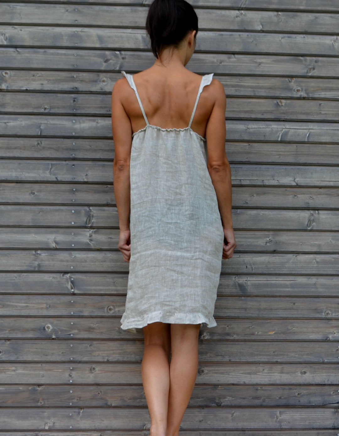Linen Slip Dress Gray Sleeveless Tie Straps Handmade Summer Nightdress — free download