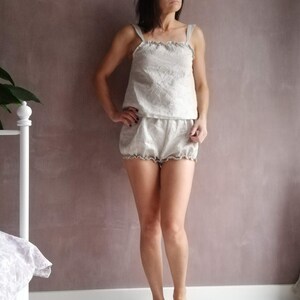 Linen slip Set Shorts & Top Two Piece Sleepwear Gray Pajama Sleeveless Tie Starps image 4