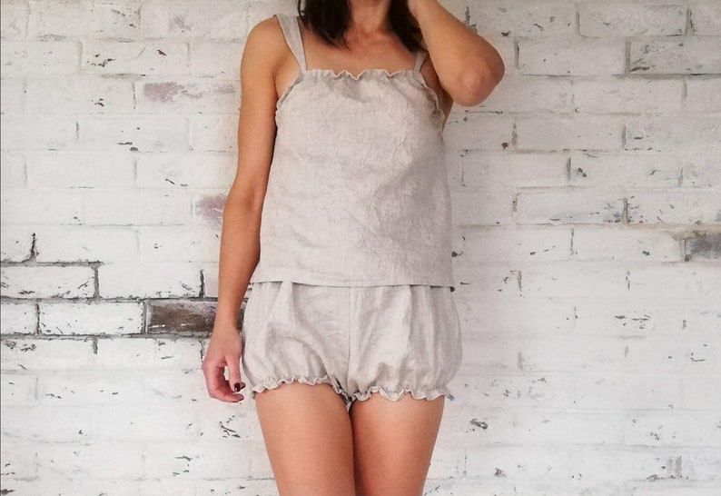 Linen slip Set Shorts & Top Two Piece Sleepwear Gray Pajama Sleeveless Tie Starps image 7