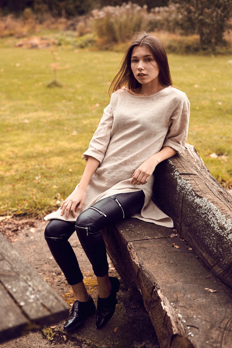 Linen Tunic Shirt Women/'s Handmade Clothing Side Slits Quarter Length Sleeves