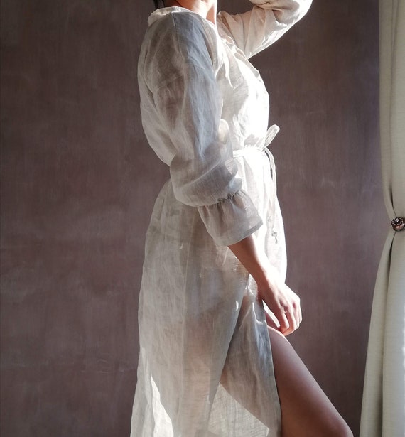 Morning linen robe - bathrobe, vintage lightweight robe with ruffles, long linen sexy robe