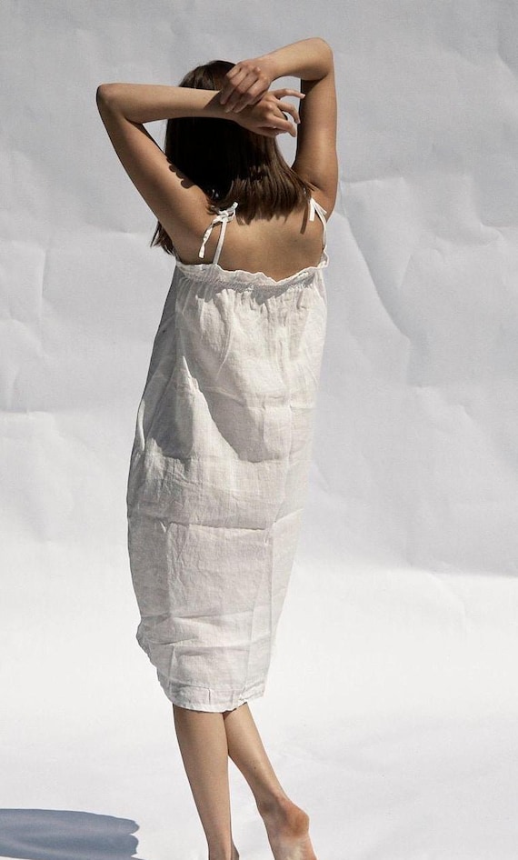 chinese dress ladies Buttoned Linen Dress With Tie Straps & Ruffled Hem  Claudio Milano