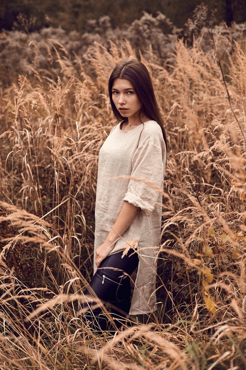 Linen Tunic Shirt Women/'s Handmade Clothing Side Slits Quarter Length Sleeves