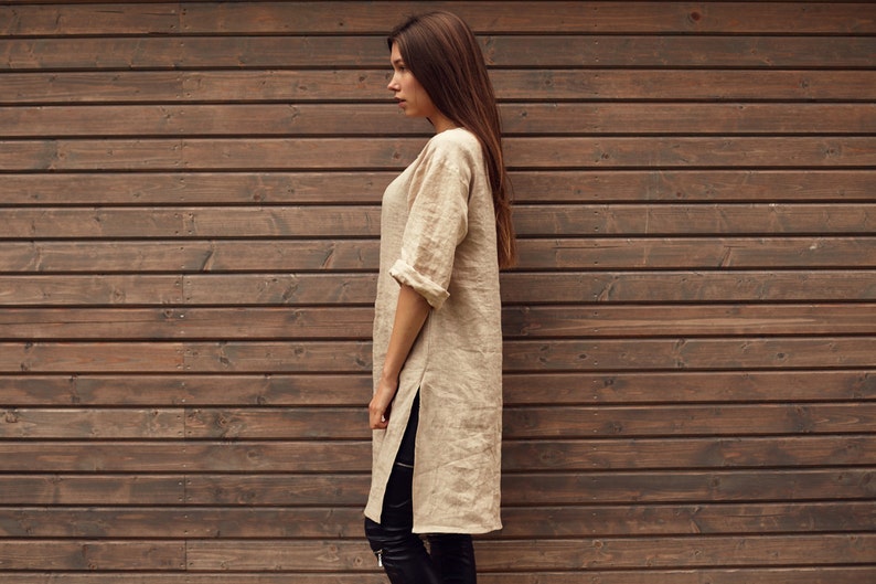 Linen Tunic Shirt Women/'s Handmade Clothing Side Slits Quarter Length Sleeves