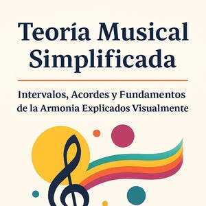 May include: A book cover with the title "Teoría Musical Simplificada" in navy blue. Below the title is the subtitle "Intervalos, Acordes y Fundamentos de la Armonia Explicados Visualmente". The cover features a treble clef, a rainbow, a yellow sun, and a piano keyboard.