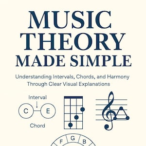 May include: A book cover titled "MUSIC THEORY MADE SIMPLE" with text and diagrams explaining music concepts. Includes a circle of fifths, chord diagrams, and musical notation. The cover is cream-colored with navy blue text and illustrations.