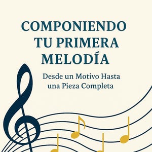 May include: A cream-colored graphic with text in Spanish: "Componiendo Tu Primera Melodía" and "Desde un Motivo Hasta una Pieza Completa." Features a treble clef and musical notes in gold on a staff.