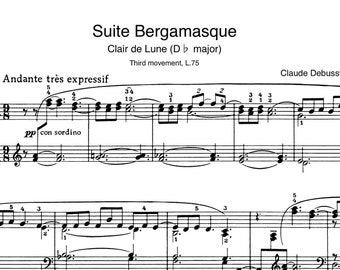 Piano Music Sheets - Suite Bergamasque - Clair de Lune - Third movement L.75 by Claude Debussy - Digital Download