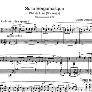 Partitions pour piano - Suite bergamasque - Clair de Lune - Troisième mouvement L.75 de Claude Debussy - Téléchargement numérique