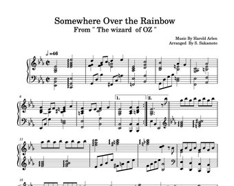 Piano Music Sheets - Somewhere over the Rainbow from The wizard of Oz - Harold Arlen - Digital Download Music Sheet