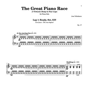 May include: Sheet music for piano solo, titled "The Great Piano Race". The music features the text "Lap 1: Ready, Set, GO!" and musical notation with treble and bass clefs. The composer's name, Jose Valladares, is also visible.