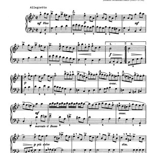 Könnte beinhalten: Notenblatt für "Gavotte und Musette" aus der Englischen Suite Nr. 3, BWV 808 von Johann Sebastian Bach. Die schwarz-weiße Partitur enthält Noten, Violinschlüssel und Bassschlüssel sowie Tempoangaben wie "Allegretto" und "mf Vivo".