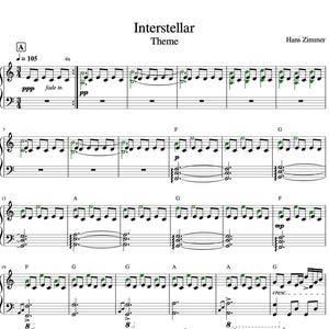 Pode incluir: Partitura musical para o "Tema de Interstellar" de Hans Zimmer. A música é escrita em notação padrão com uma armadura de clave de Lá maior e uma compasso de 4/4. O tempo é marcado como = 105. A música inclui indicações de fade in e crescendo.