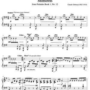 Pode incluir: Partitura para piano da peça "Minstrels" de Claude Debussy, de "Prelúdios Livro 1, No. 12". A música inclui notação musical, indicações de tempo e marcas dinâmicas.