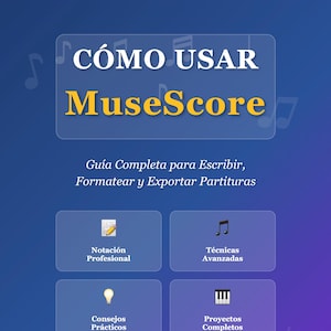 Może przedstawiać: Niebiesko-fioletowa grafika promująca przewodnik po korzystaniu z oprogramowania do notacji muzycznej MuseScore. Tytuł brzmi "Jak używać MuseScore" w kolorze białym i żółtym. Przewodnik obejmuje pisanie, formatowanie i eksportowanie partytur.