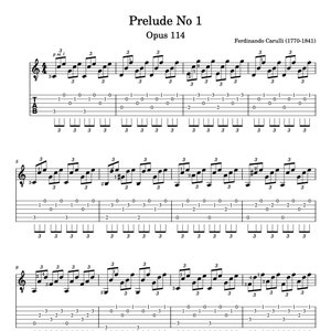 May include: Sheet music for Prelude No 1, Opus 114 by Ferdinando Carulli (1770-1841). The music is written in treble clef and includes a guitar tablature.
