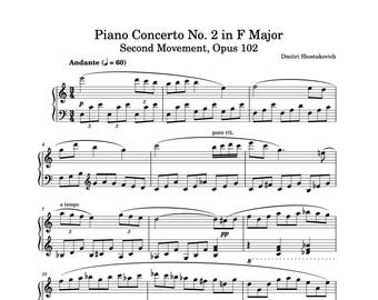 Piano Music Sheets - Piano Concerto No 2 in F Major - Second Movement - Opus 102 - Dmitri Shostakovich - Digital Download
