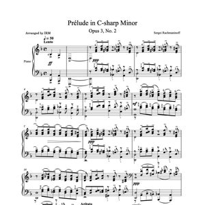 May include: A sheet music score for piano, titled "Prélude in C-sharp Minor, Opus 3, No. 2" by Sergei Rachmaninoff. The music is written in standard notation with a time signature of 4/4 and a tempo marking of = 50 Lento. The piece is in C-sharp minor and features a variety of musical techniques, including arpeggios, scales, and trills.