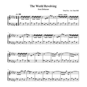 Op de afbeelding: Muziekblad voor "The World Revolving" van Deltarune, gearrangeerd door Sam Hill. De bovenkant van de pagina toont de titel en componist informatie. De muzieknotatie is zwart op een witte achtergrond.