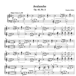 May include: A sheet music score for a piano piece titled "Avalanche" by Stephen Heller, Op. 45, No. 2. The music is written in the key of C major and is in 4/4 time. The tempo is marked "Allegro vivace = 160".