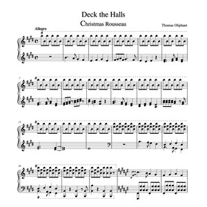 Op de afbeelding: Muziekpartituur voor "Deck the Halls", ondertiteld "Christmas Rousseau" door Thomas Oliphant. De zwarte notatie staat op een witte achtergrond. De titel en de naam van de componist staan bovenaan de pagina.