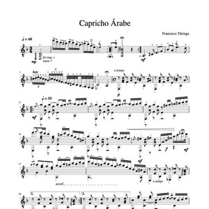 May include: Sheet music for the guitar piece "Capricho Árabe" by Francisco Tárrega. The music is written in standard notation with a key signature of 6 sharps and a time signature of 4/4. The tempo is marked as = 60. The title of the piece is written in large, bold letters at the top of the page.