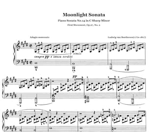 Piano Music Sheets - Piano Sonata No. 14 in C Sharp Minor 'Moonlight Sonata' by Beethoven - Digital Download