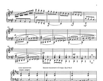 Piano Music Sheets - Piano Sonata No. 2 in D major -2nd movement, Op.2 No.2 solo by Beethoven