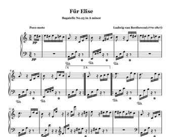 Piano Music Sheets - Bagatelle No 25 in A Minor - Für Elise - For Elise - Ludwig van Beethoven  - Physical Paper Sheet Music