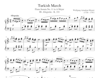 Piano Music Sheets - Mozart Piano Sonata 11 in A Major "Turkish March"  - Mozart - Digital download