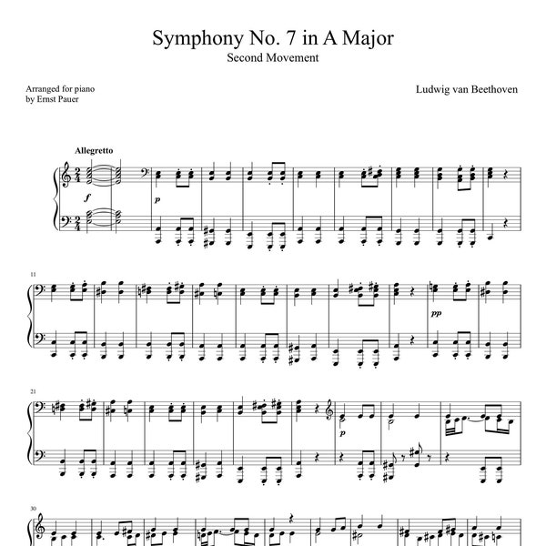 Piano Music Sheets - Symphony No. 7 in A Major - 2nd Movement - Solo - Piano by Beethoven