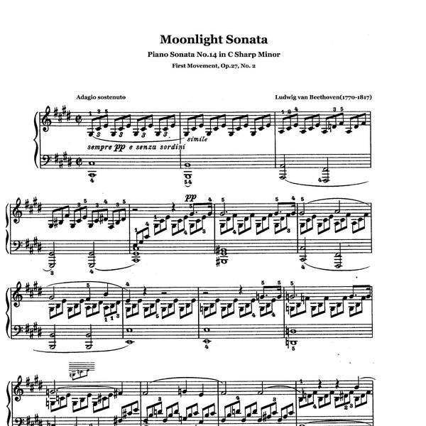 Piano Music Sheets - Piano Sonata No. 14 in C Sharp Minor 'Moonlight Sonata' by Beethoven - Digital Download