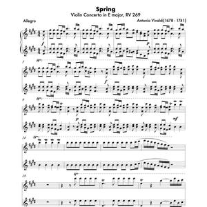 May include: A sheet music score for the "Spring" concerto from Antonio Vivaldi's "The Four Seasons". The title "Spring" is written in large font at the top of the page. The music is written in standard notation with a treble clef and bass clef. The text "Allegro" is written at the beginning of the music.