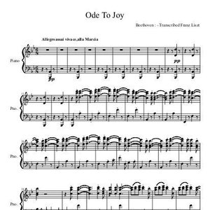 Może przedstawiać: Nuty do "Ody do radości" Beethovena, transkrypcja Franza Liszta. Tytuł i nazwisko kompozytora znajdują się na górze. Muzyka jest napisana na fortepian, z notacją muzyczną na białym tle.