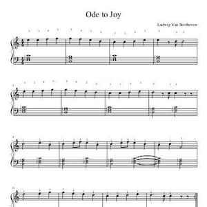May include: Sheet music for "Ode to Joy" by Ludwig van Beethoven. The music is written in treble clef and includes notes for the right hand only.