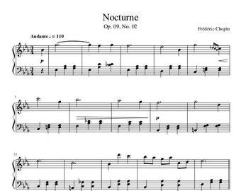 Partitions pour piano - Nocturne en mi bémol majeur Opus 9 n° 2 - Version facile - Frédéric Chopin - Piano - Téléchargement numérique