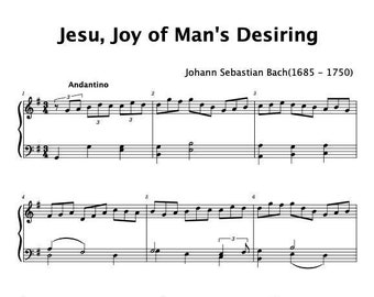 Piano Music Sheets - Jesu, Joy Of Man's Desiring Arranged for Piano - Bach - Digital Download