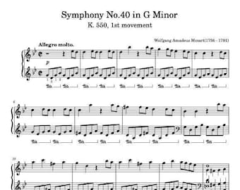Violin Music Sheets - Symphony No. 40 in G Minor K550 1st movement Arranged for Piano - Mozart - Digital Download