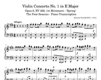 Piano Music Sheets - Violin Concerto No. 1 in E Major Opus 8 RV 269 Sprint 1st Movement - Antonio Vivaldi - Digital Download